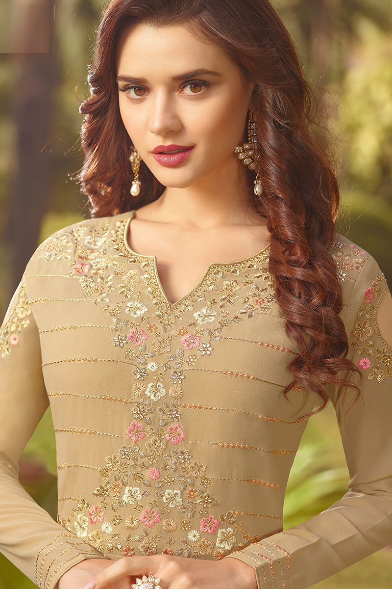 Beige With Multicoloured Embroidery Anarkali Suit