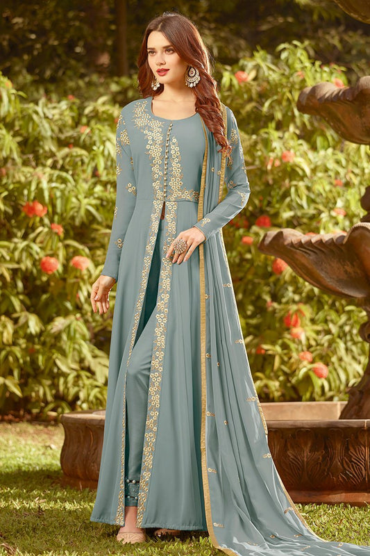 Teal Blue Golden Embroidered Party Wear Anarkali Suit