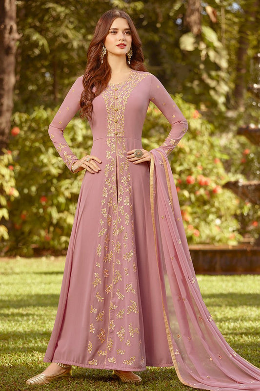 Light Pink Golden Embroidered Party Wear Anarkali Suit