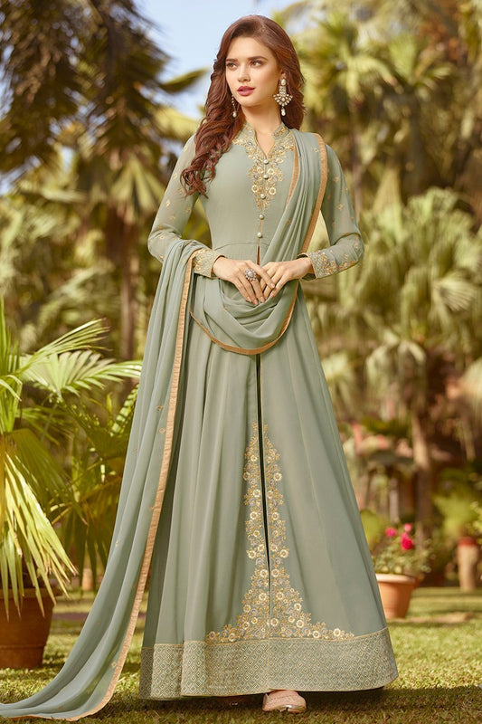 Pastel Green Golden Embroidered Party Wear Anarkali Suit