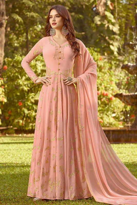 Peach Vibes Golden Embroidered Party Wear Anarkali Suit