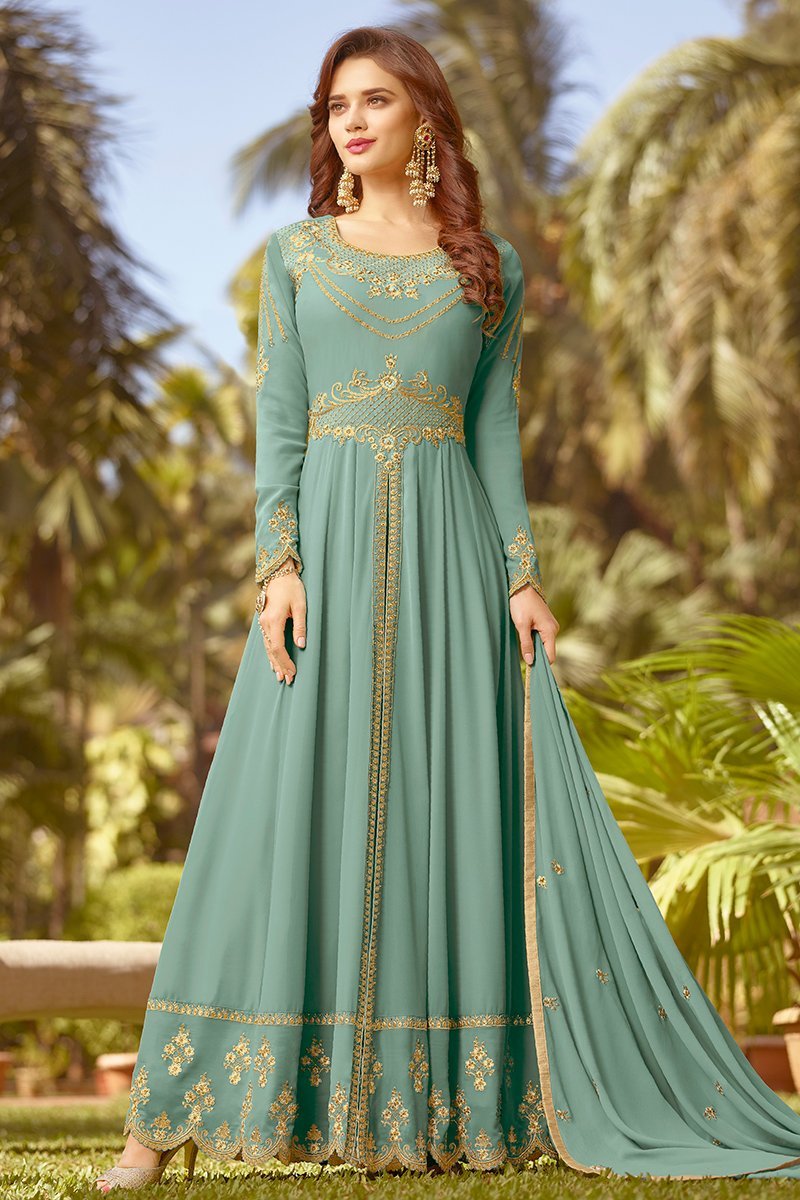 Sea Blue Golden Embroidered Party Wear Anarkali Suit