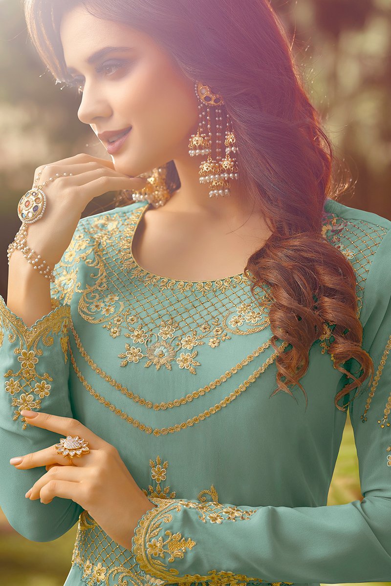Sea Blue Golden Embroidered Party Wear Anarkali Suit