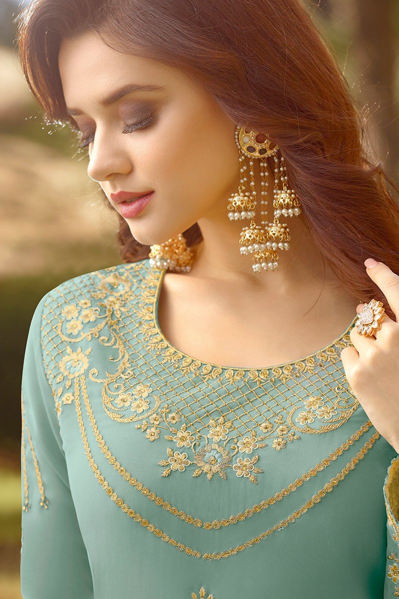 Sea Blue Golden Embroidered Party Wear Anarkali Suit