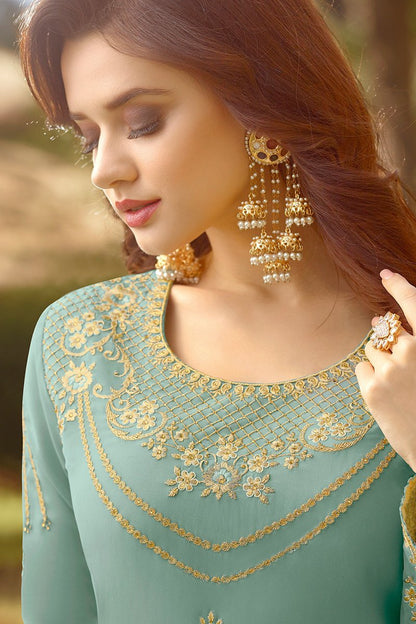 Sea Blue Golden Embroidered Party Wear Anarkali Suit