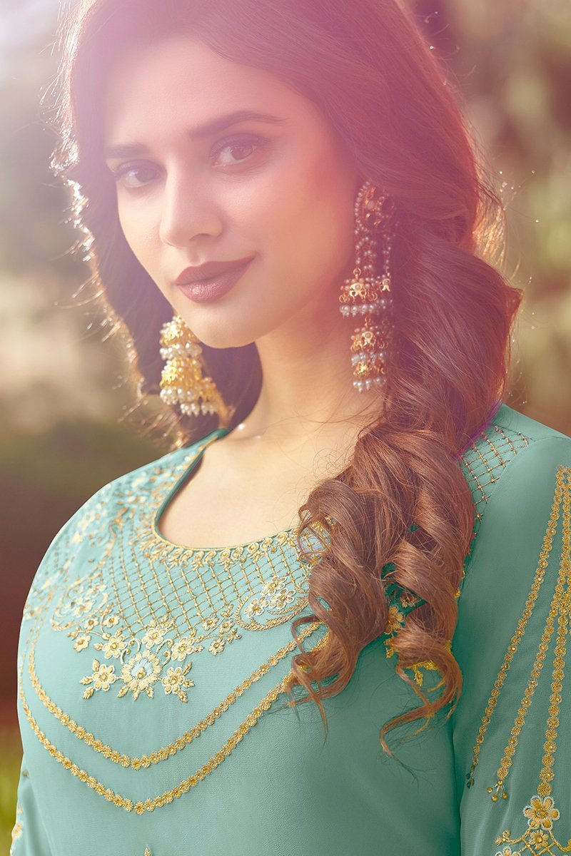 Sea Blue Golden Embroidered Party Wear Anarkali Suit