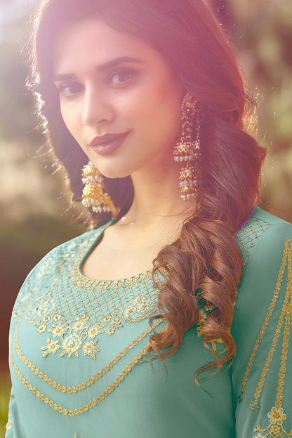 Sea Blue Golden Embroidered Party Wear Anarkali Suit