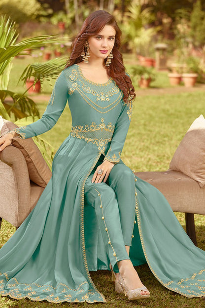 Sea Blue Golden Embroidered Party Wear Anarkali Suit