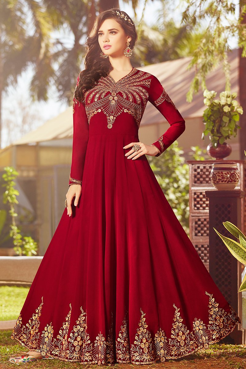 Garnet Red Georgette Party Wear Anarkali Suit