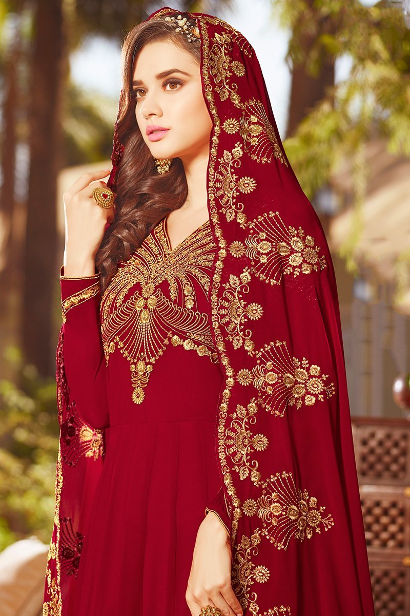 Garnet Red Georgette Party Wear Anarkali Suit
