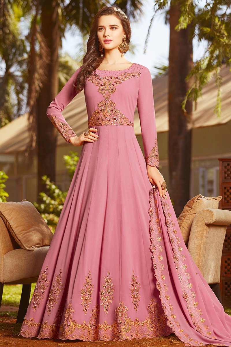 Flamingo Pink Georgette Party Wear Anarkali Suit