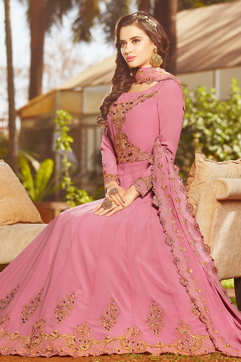 Flamingo Pink Georgette Party Wear Anarkali Suit