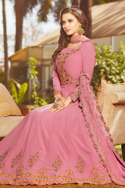 Flamingo Pink Georgette Party Wear Anarkali Suit