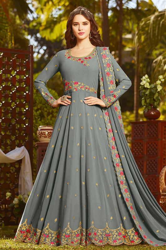 Flint Grey Georgette Party Wear Anarkali Suit
