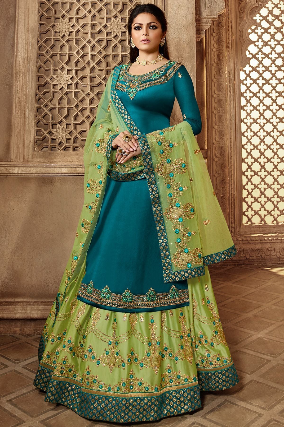 Rama Blue And Green Designer Lehenga Kurti Set