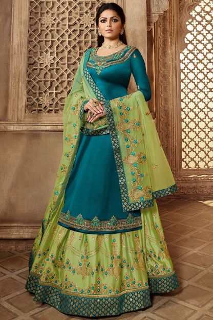 Rama Blue And Green Designer Lehenga Kurti Set