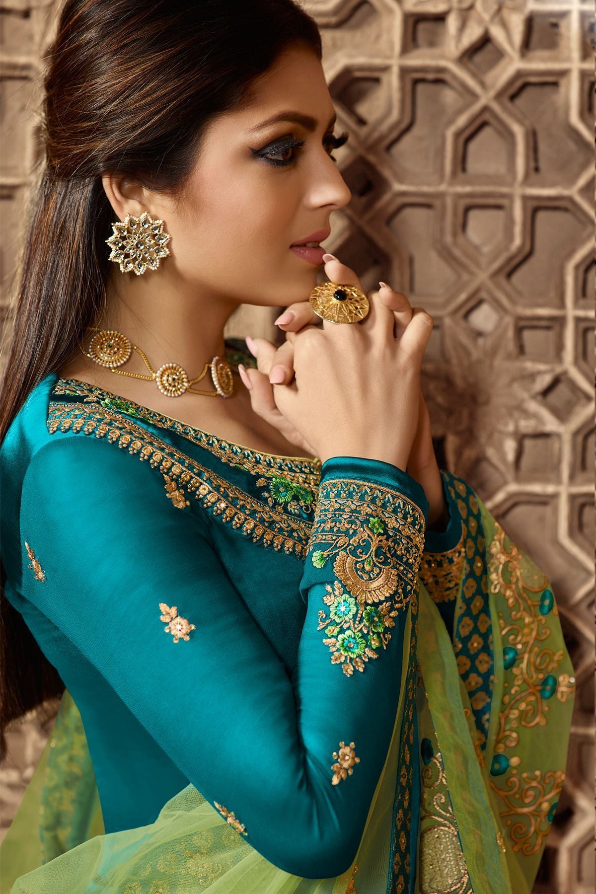 Rama Blue And Green Designer Lehenga Kurti Set