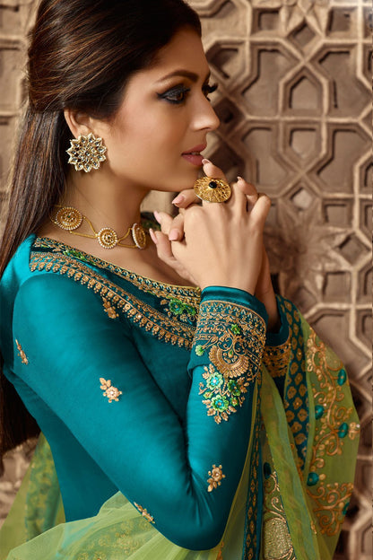 Rama Blue And Green Designer Lehenga Kurti Set