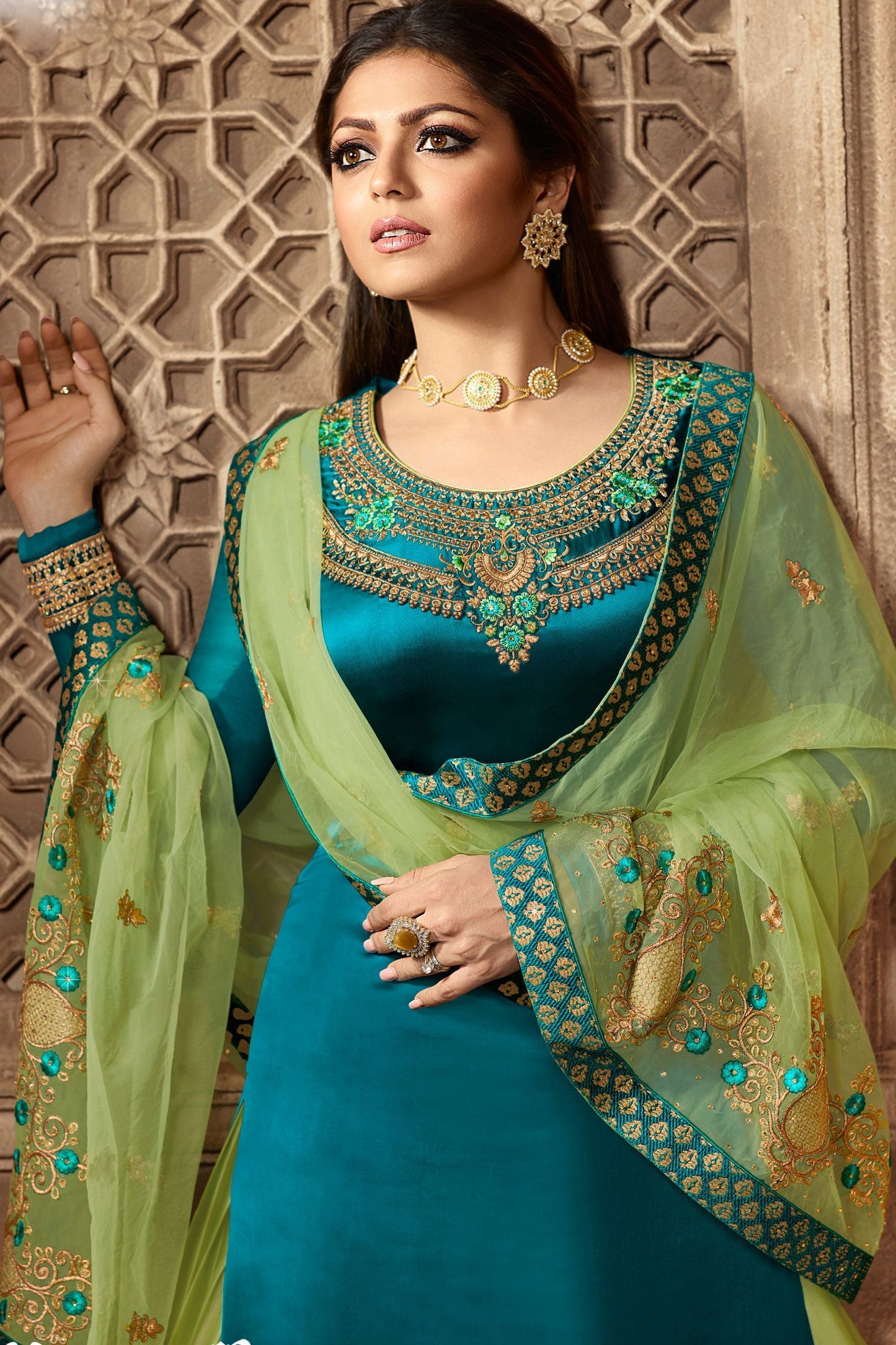 Rama Blue And Green Designer Lehenga Kurti Set