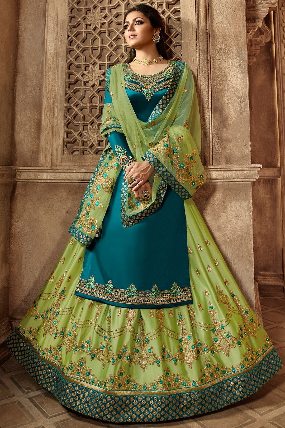 Rama Blue And Green Designer Lehenga Kurti Set