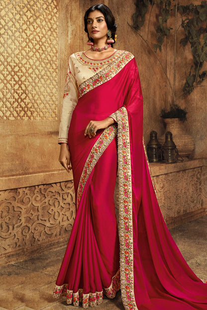 Rani And Cream Designer Silk Sari