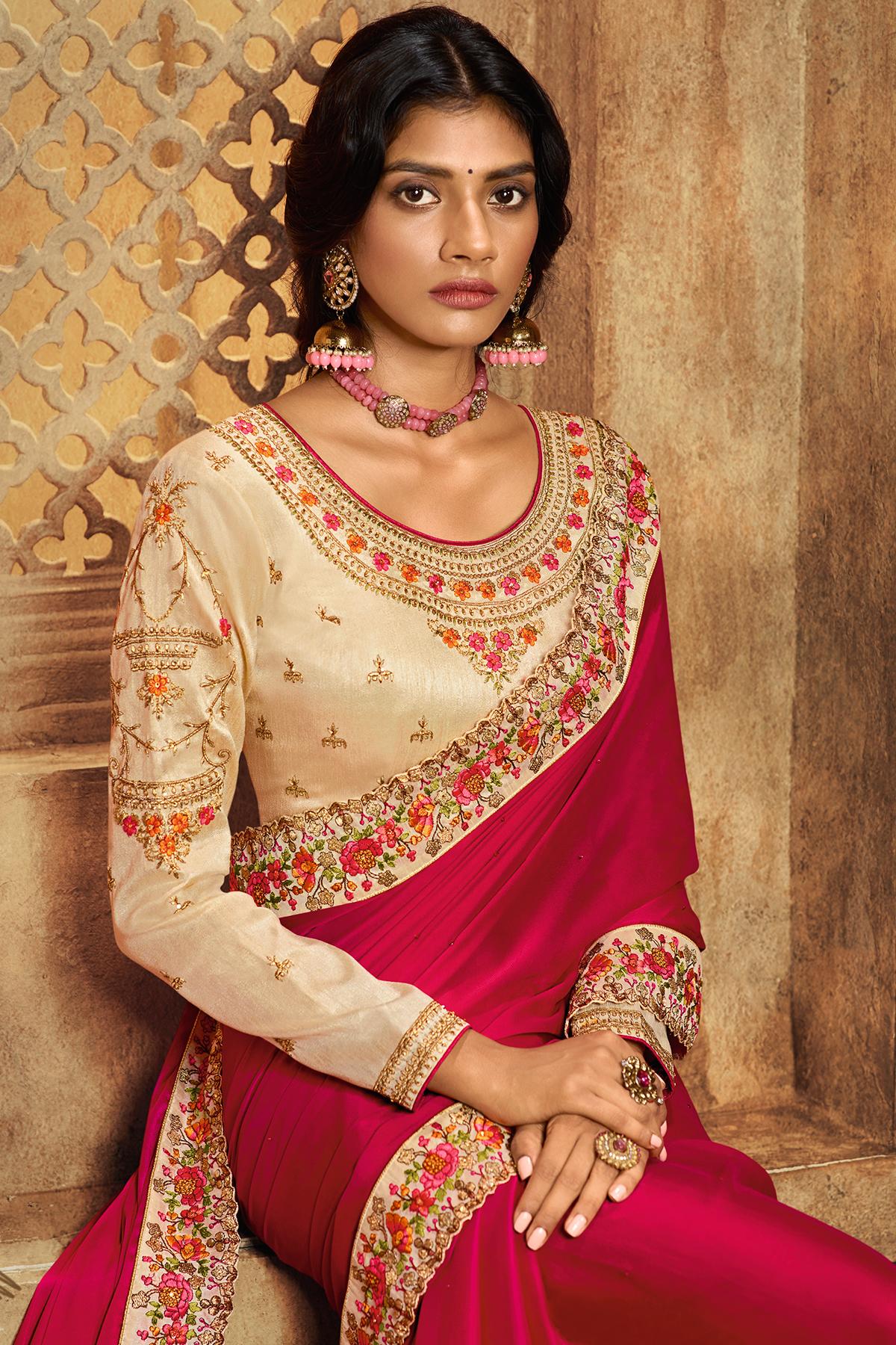 Rani And Cream Designer Silk Sari