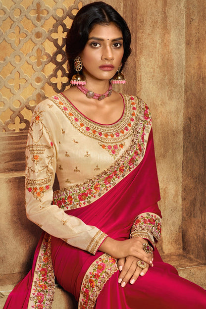 Rani And Cream Designer Silk Sari