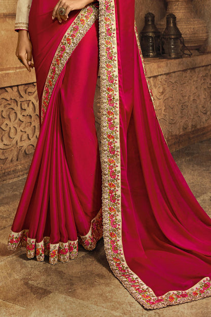 Rani And Cream Designer Silk Sari