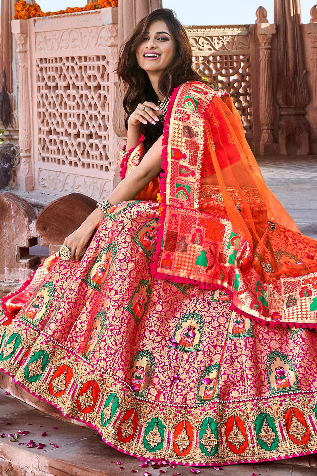 Rani and Orange Wedding Lehenga Choli Set
