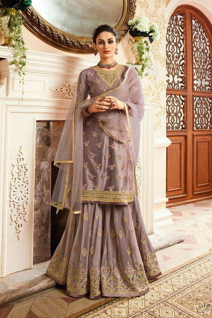 Lilac Purple With Golden Touch Embroidered Gharara Suit
