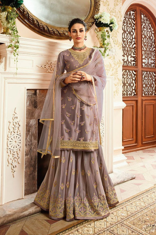 Lilac Purple With Golden Touch Embroidered Gharara Suit