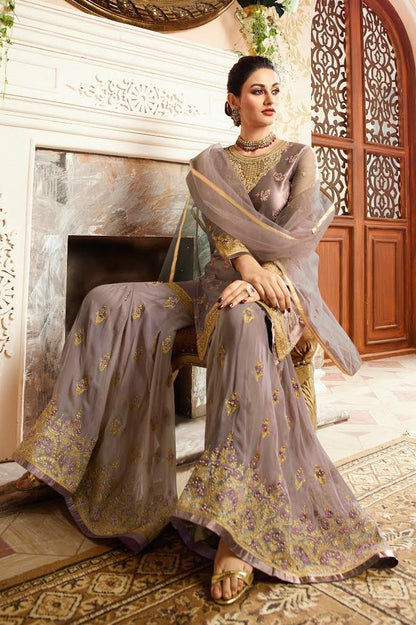 Lilac Purple With Golden Touch Embroidered Gharara Suit