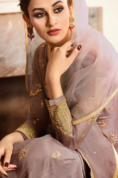 Lilac Purple With Golden Touch Embroidered Gharara Suit