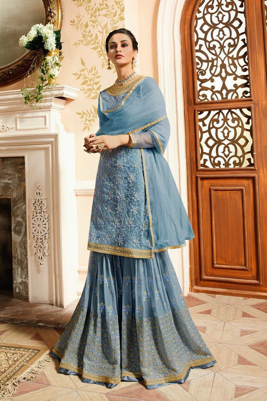 Teal Blue With Golden Touch Embroidered Gharara Suit