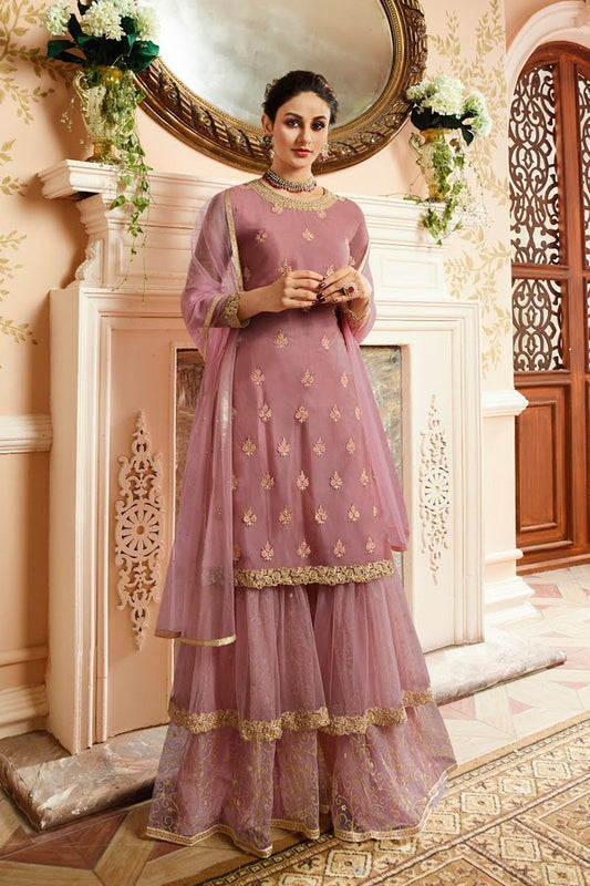 Light Purple With Golden Touch Embroidered Gharara Suit