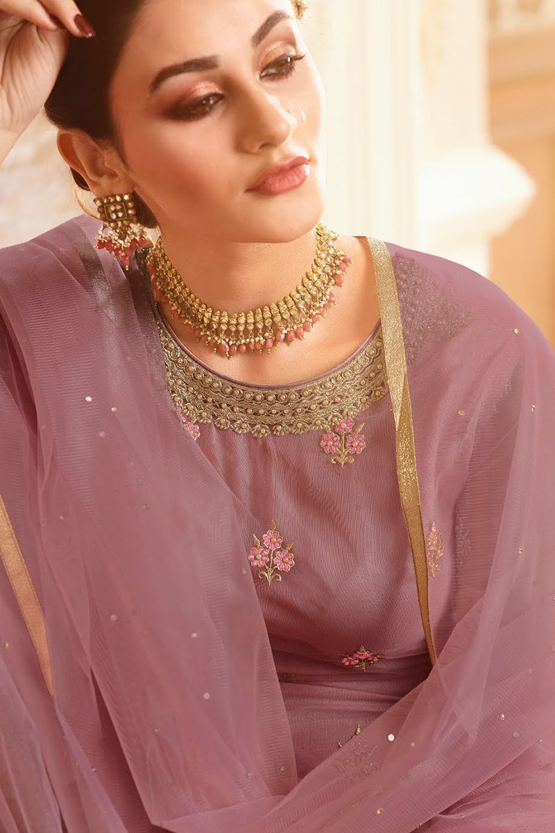 Light Purple With Golden Touch Embroidered Gharara Suit