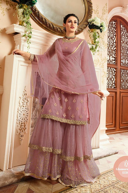 Light Purple With Golden Touch Embroidered Gharara Suit