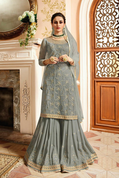 Slate Grey With Golden Touch Embroidered Gharara Suit