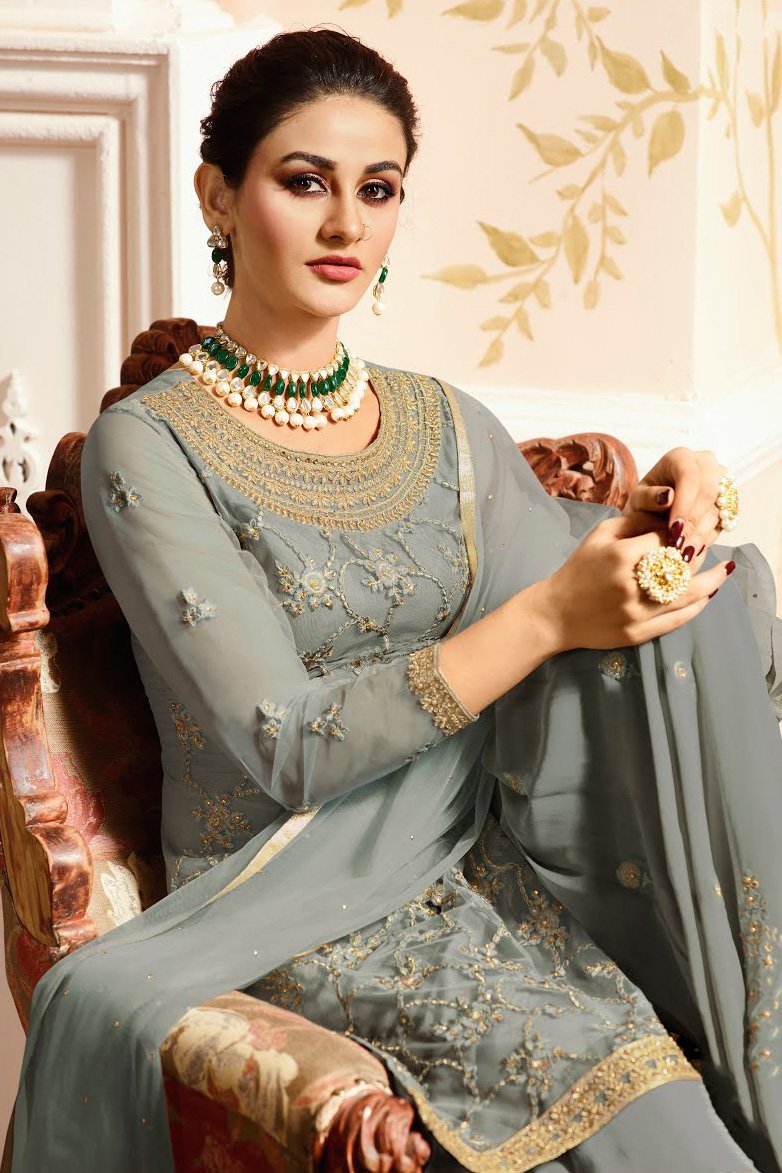 Slate Grey With Golden Touch Embroidered Gharara Suit
