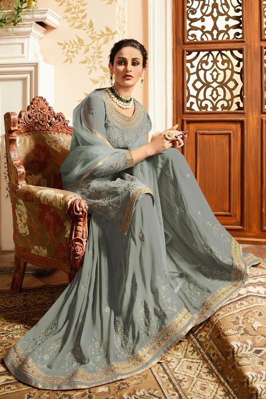 Slate Grey With Golden Touch Embroidered Gharara Suit