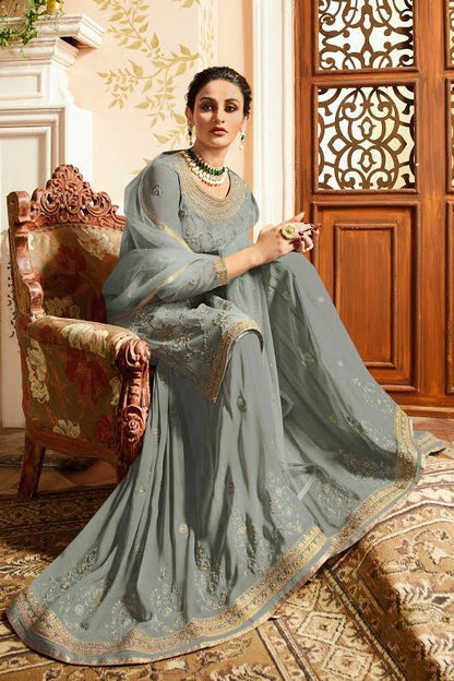 Slate Grey With Golden Touch Embroidered Gharara Suit
