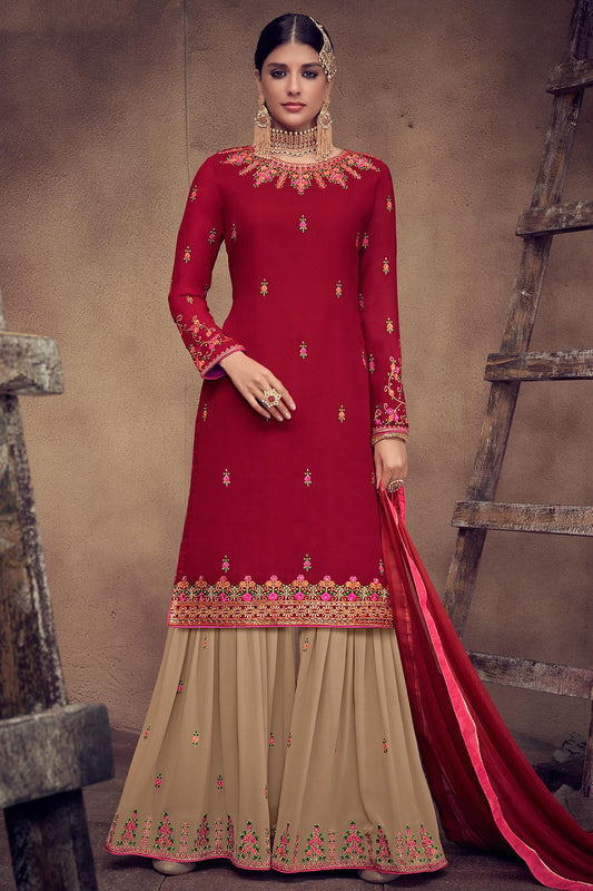 Red And Beige Designer Palazzo Suit