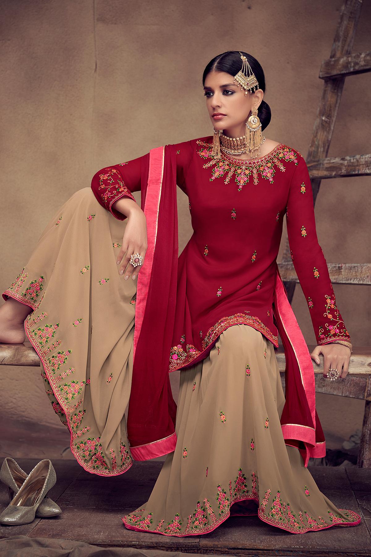 Red And Beige Designer Palazzo Suit