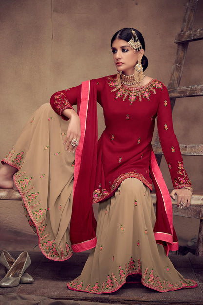 Red And Beige Designer Palazzo Suit