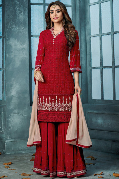 Red And Blush Pink Embroidered Palazzo Suit