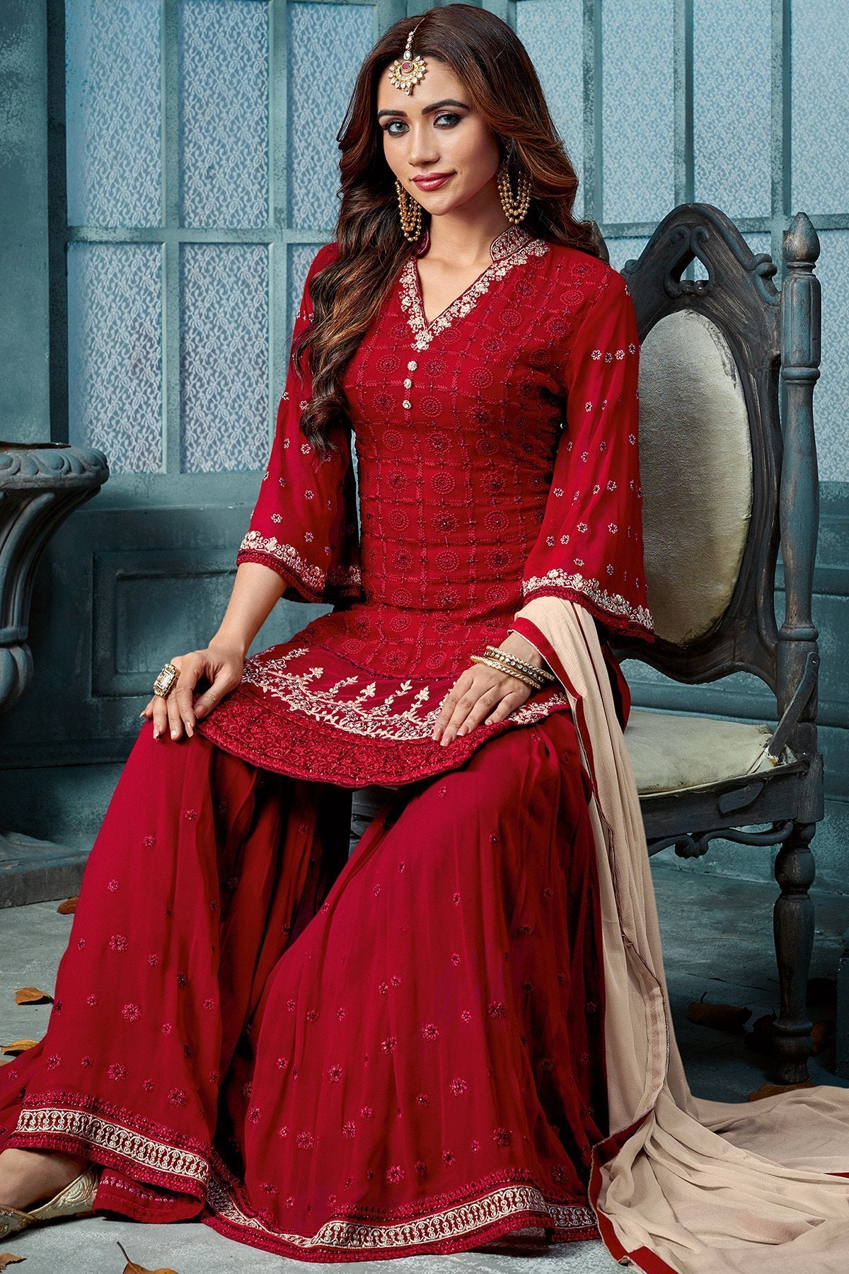 Red And Blush Pink Embroidered Palazzo Suit