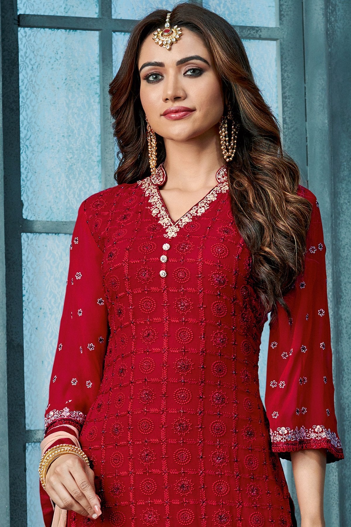 Red And Blush Pink Embroidered Palazzo Suit