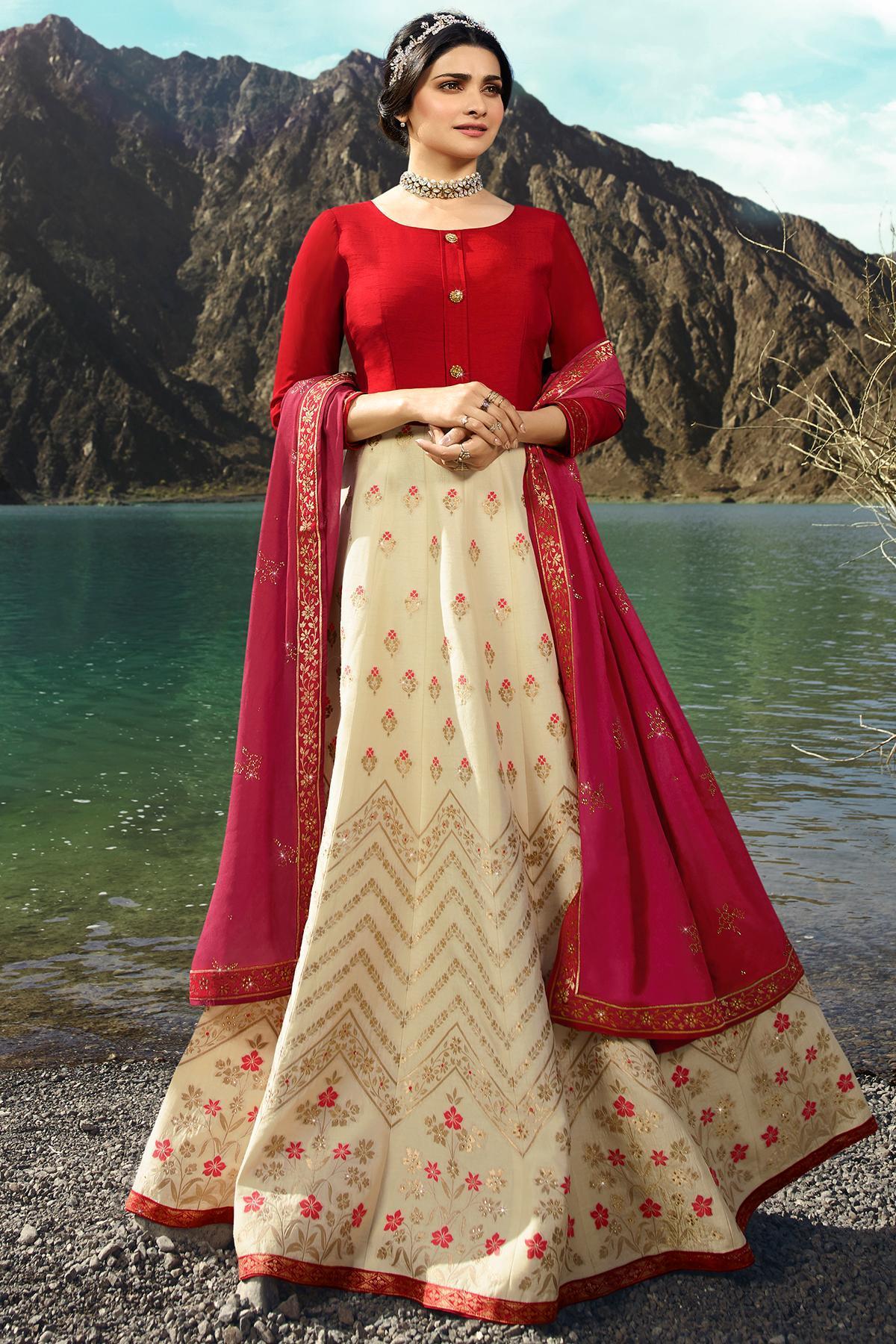 Red and Cream Embroidered Designer Anarkali