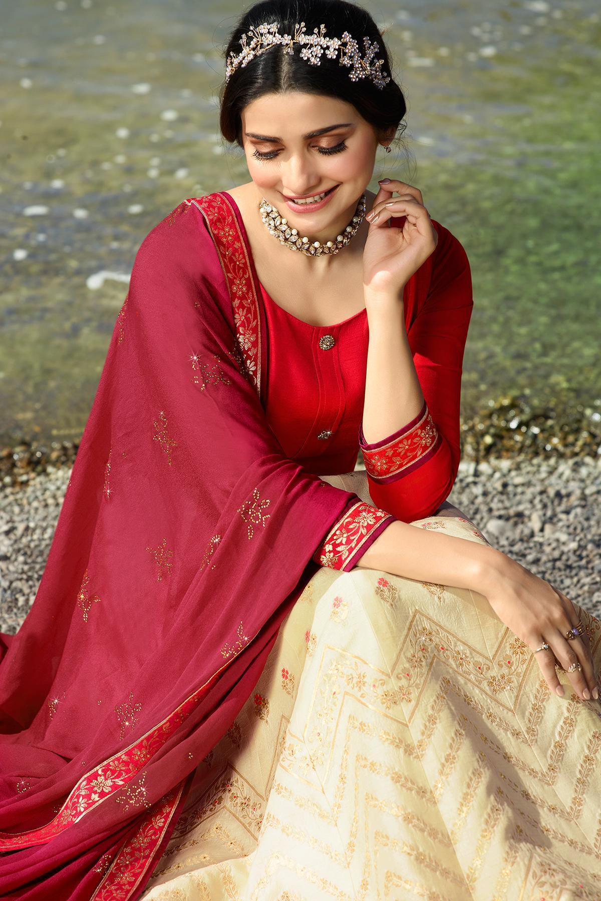 Red and Cream Embroidered Designer Anarkali