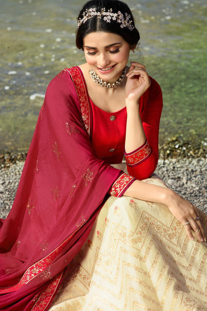 Red and Cream Embroidered Designer Anarkali